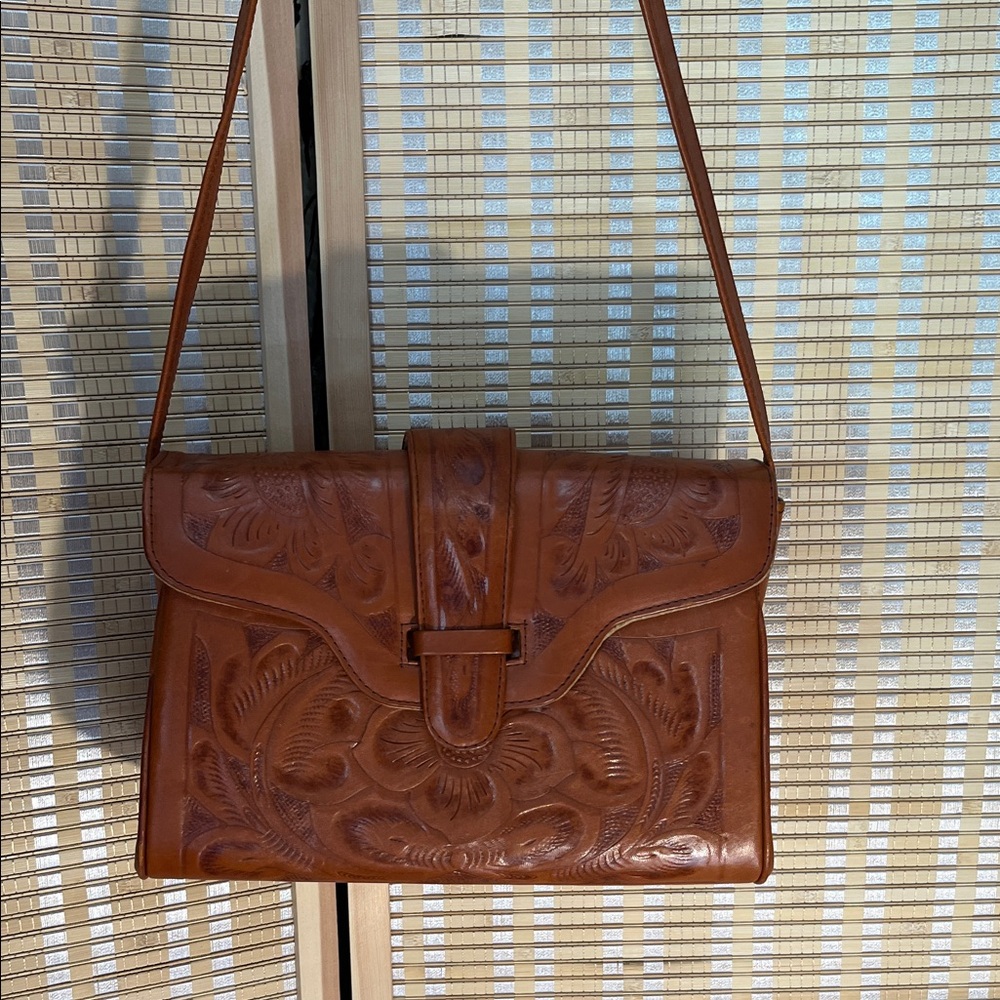 Unique Vintage Tan Embossed Shoulder Bag